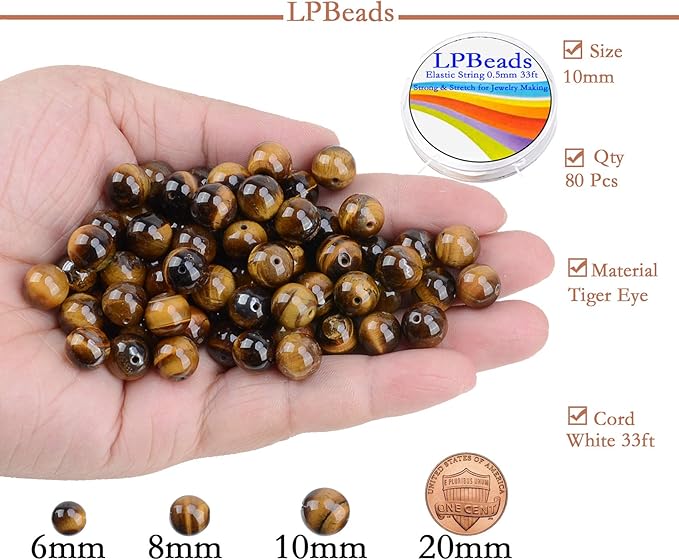 LPBeads 80Pcs Polished 10mm Round Natural Yellow Tiger Eye Gemstone Loose Beads with Stretch Cord for Jewelry Making Bracelets