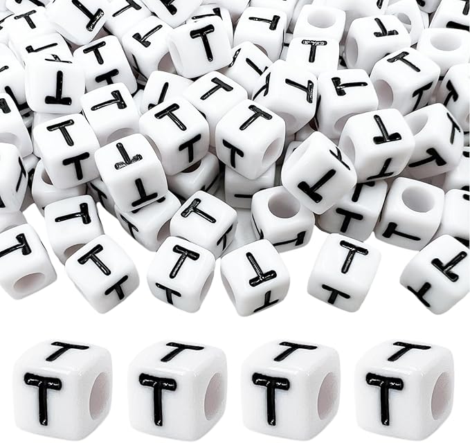 MIIIM 100pcs Pony Beads Letter T for Keychains Making, 6x6mm Large Hole Square Letter Beads for Bracelets Making, Alphabets, Numbers (White and Black)