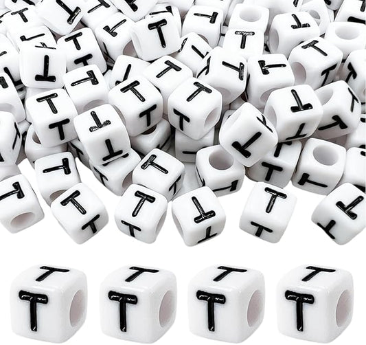 MIIIM 100pcs Pony Beads Letter T for Keychains Making, 6x6mm Large Hole Square Letter Beads for Bracelets Making, Alphabets, Numbers (White and Black)