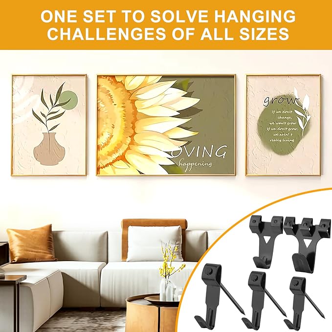 KURUI 303Pcs Picture Hangers for Wall Art Decor Tapestry, Picture Hanging Kit With Heavy Duty Wall Hooks, Sawtooth, Picture Wire, D Rings, Hardware Nails, Eye Hooks, Black Frame Hooks for Drywall Wood