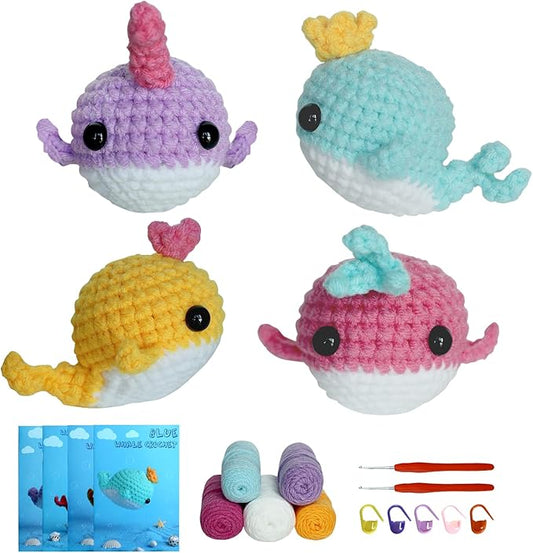 Fortilo Crochet Kit for Beginners 4PCS Colored Whale Crochet Animals with Step-by-Step Video Tutorials 30% Extra Yarn, Perfect for Gifts, Emotional Support, Ideal Knitting Kit for Adults, Kids