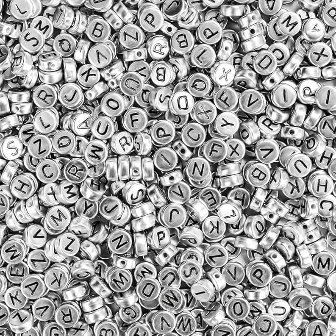 Song Xi 1200pcs Silver Letter Beads for Bracelets, 4x7mm Black Alphabet Beads Friendship Bracelets Jewelry Making Kit for Christmas Gifts