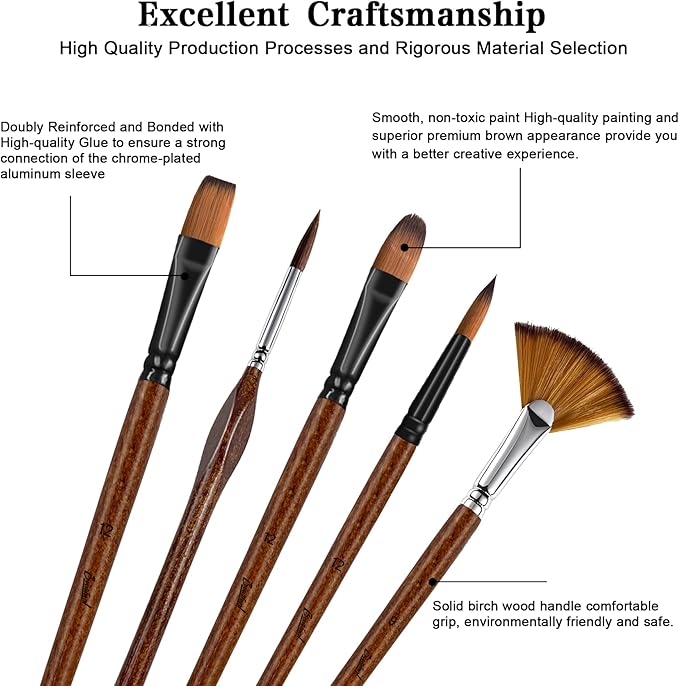 Bougimal 32 Pcs Paint Brush Set, Artist Paint Brushes for Acrylic Painting, Oil, Watercolor, Gouache, with Flat Round Filbert Fan Angle Detail Brush, Suitable for Artists and Beginners(Brown)