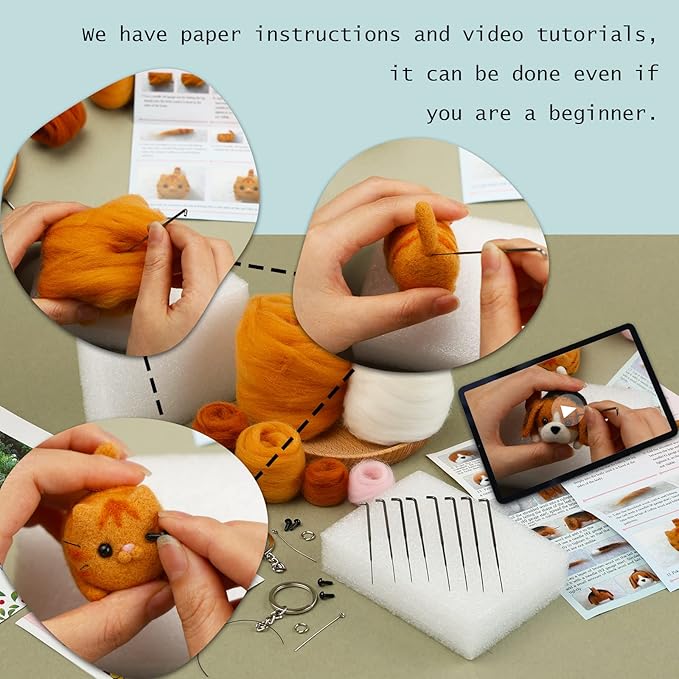 SHWAKK Needle Felting Kit, 2 PCS Dolls Needle Felting Starter Kit with Instructions, Felting Pad, Felting Wool, Felting Needles, Keychain and Split Ring etc