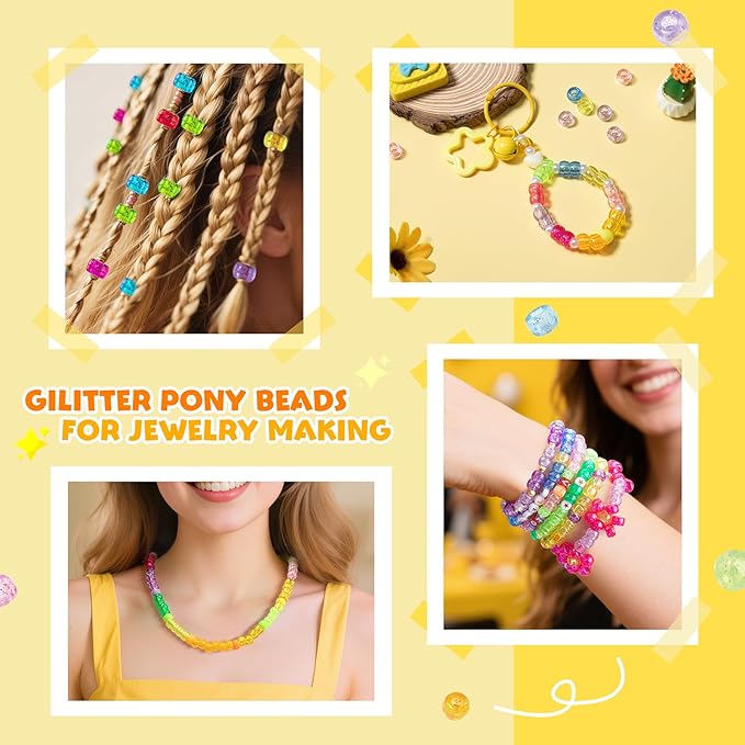 simetufy 1200 pcs pony beads 6x9mm glitter clear plastic beads transparent beads with sparkling glitter assorted 10 colors for diy craft jewelry bracelets making, hair braiding, keychains ornaments