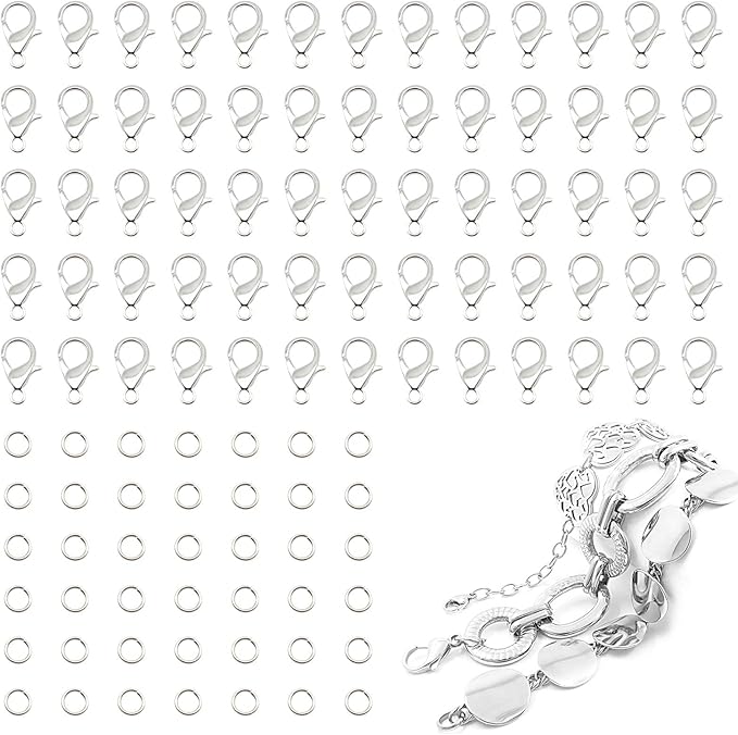 Lobster Claw Clasps, 300 Pcs 12mm Bracelet Closures with Jump Rings for Jewelry Making DIY Keychain Necklace by FENGWANGLI(Silver)