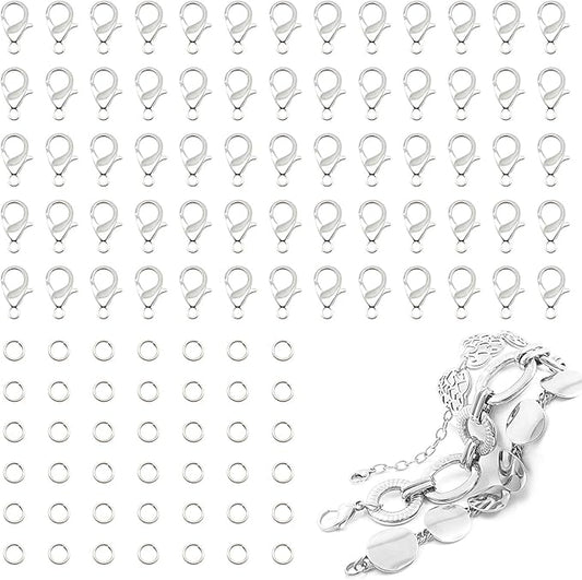 Lobster Claw Clasps, 300 Pcs 12mm Bracelet Closures with Jump Rings for Jewelry Making DIY Keychain Necklace by FENGWANGLI(Silver)