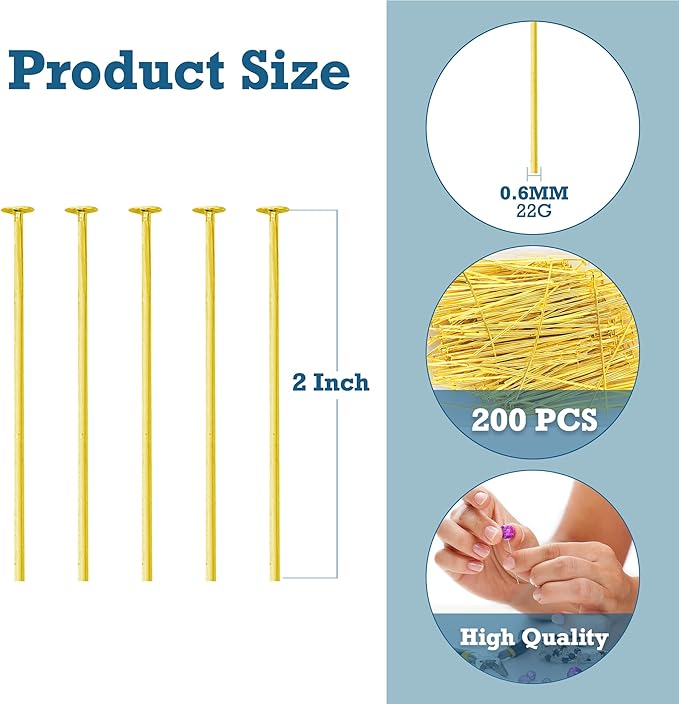 Mandala Crafts 2 Inch Gold Flat Head Pins for Jewelry Making Earring Making Supplies – 200 PCs Jewelry Findings for Making Earring DIY Bracelets Rosary Charms