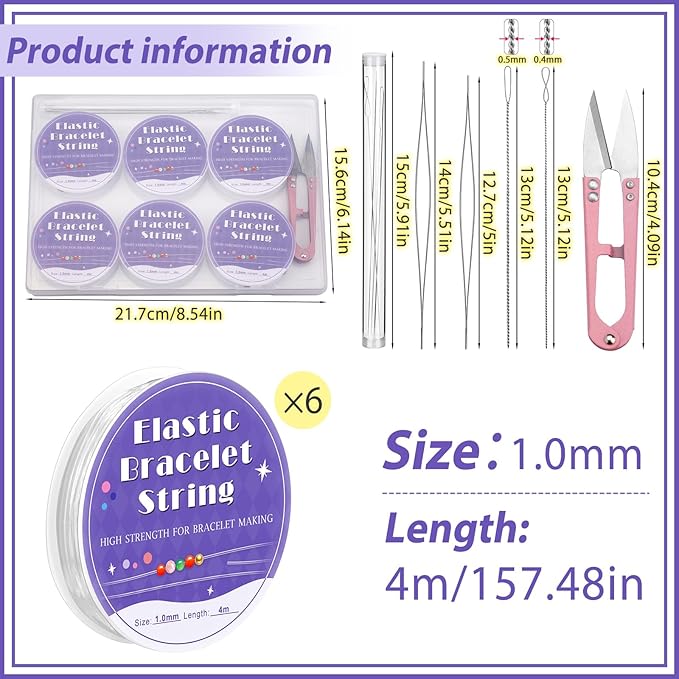 UOOU 6 Rolls Elastic String for Bracelets, 1mm Clear Stretchy Bracelet String with Beading Needles, Friendship Bracelet String for Jewelry Making Supplies