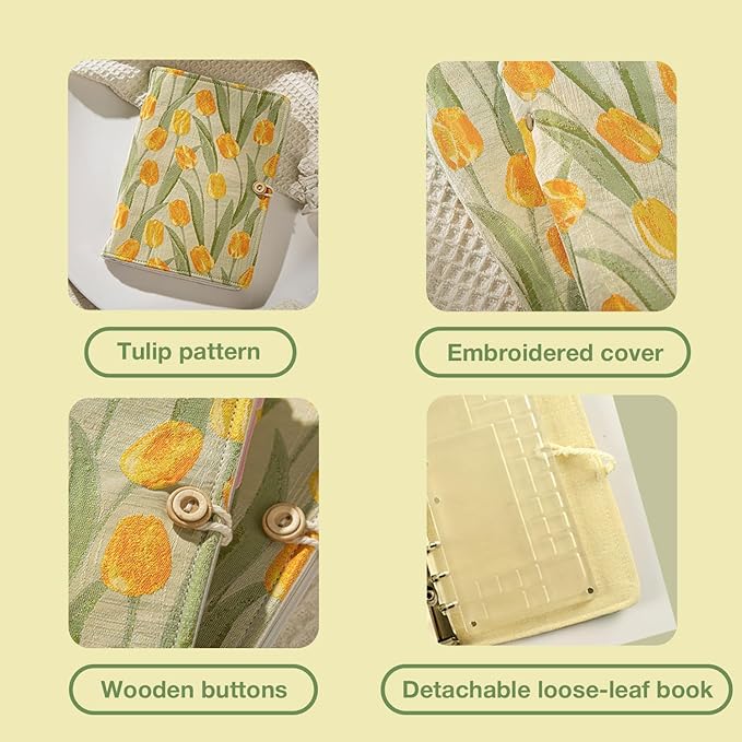 ACTANCEN A6 Binder Watercolor Travel Set,Refillable Embroidered Journal with Mini Paint Palette.Thick Paper Travel Diary/Sketchbook/Workbook for Girl,Tulip Flowers Art Notebook