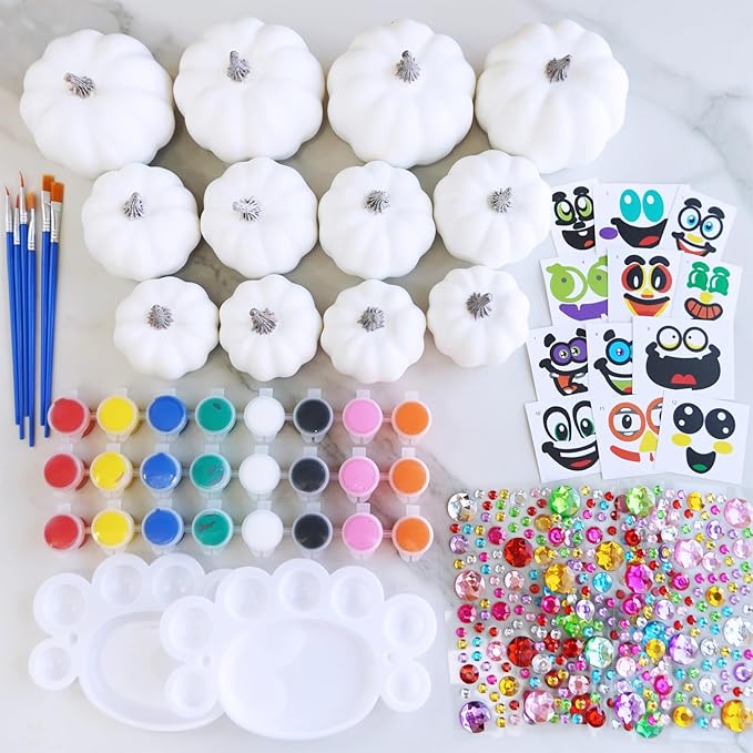 Winlyn 12 Sets DIY Fall Pumpkin Painting Kits Assorted White Foam Pumpkins Craft Pumpkins to Paint for Kids Classroom Activity Art Projects Halloween Thanksgiving Fall Gifts Party Favors Holiday Décor