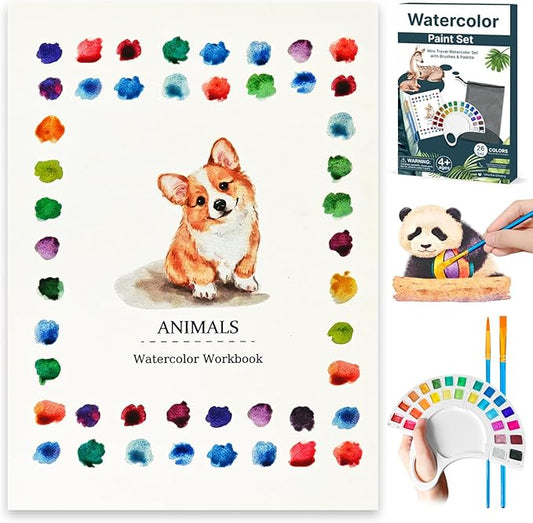 Watercolor Workbook, Water Coloring Book with 13 Pages 300GSM Paper, 26 Colors Watercolor Paint Set with Brush & Storage Bag, Beginner-Friendly Coloring Book for Adults - Animal Theme Art Kit