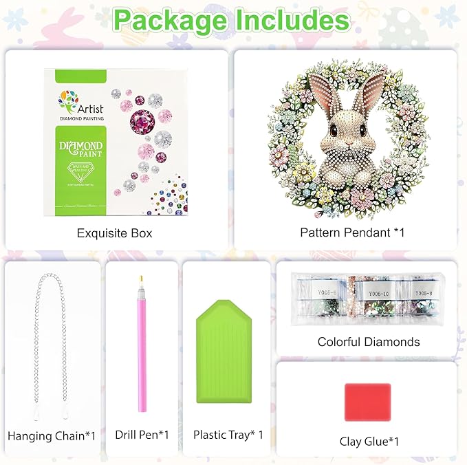Easter Rabbit Diamond Art Hanging Ornaments Kits for Adults, Diamond Painting Pendant Kits, DIY Acrylic 5D Special Shaped Crystal Gem Art Painting Ornament for Home Wall Easter Decor Gift 8x8 Inch