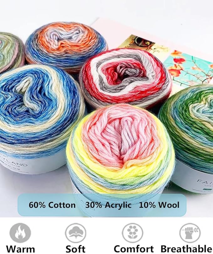 Yarn for Crocheting-Gradient Cake Yarn Ombré Yarn with Vibrant Colors-4x100g 60% Cotton 30% Acrylic 10% Wool,Colorful Soft Rainbow Cotton Crochet Yarn Perfect for Shawls,Scarves,Sweater and Blanket