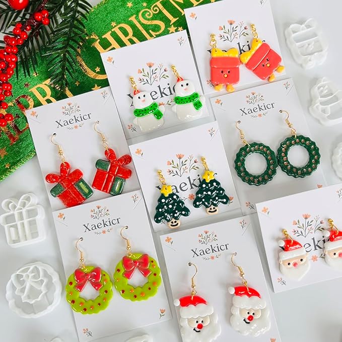 Xaekicr Christmas Polymer Clay Cutters Set – 8 Pcs Holiday Clay Earring Cutters for DIY Jewelry Making, Santa Tree Wreath Gifts – Clay Tools for Polymer Clay Molds Projects