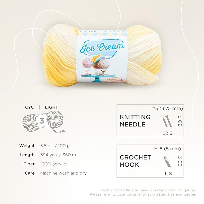 Lion Brand Yarn (1 Skein) Ice Cream Baby Yarn, Lemon Meringue Multicolor, 1182 Foot (Pack of 1)