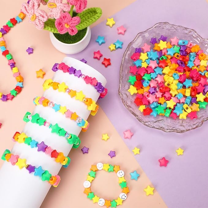 Augshy 700Pcs Star Pony Beads - Large Hole Star Shape Spacer Rainbow Beads for Birthday, 4th of July, Pride Party Decorate, Jewelry Making, Necklace, Friendship, Hair
