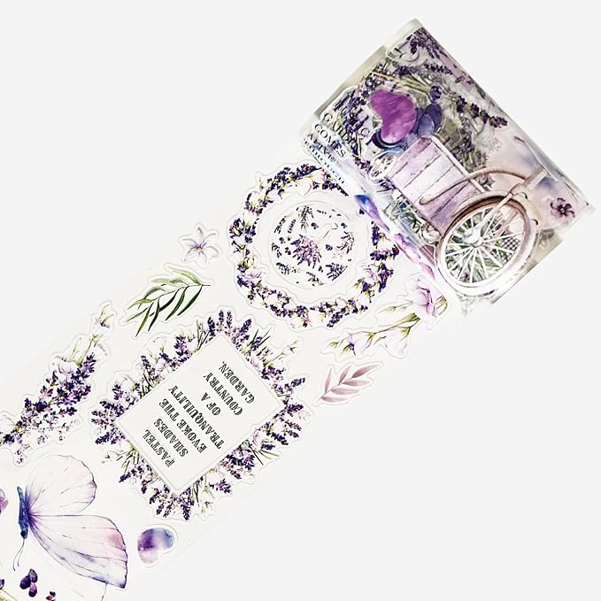 WT Pre-Cut Purple Muse Wide PET Tape, Single Roll, Soft Purple Florals & Handwritten Script, Transparent Decorative Tape for Journaling, Scrapbooking, Bujo, Planner, DIY Crafts, 70mm×5m
