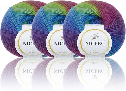 NICEEC 3 Skeins Rainbow Soft Yarn 100% Wool Gradient Multi Color Yarn for Crocheting Knit Total Length 180m×3(196yds×3,50g×3)-9#