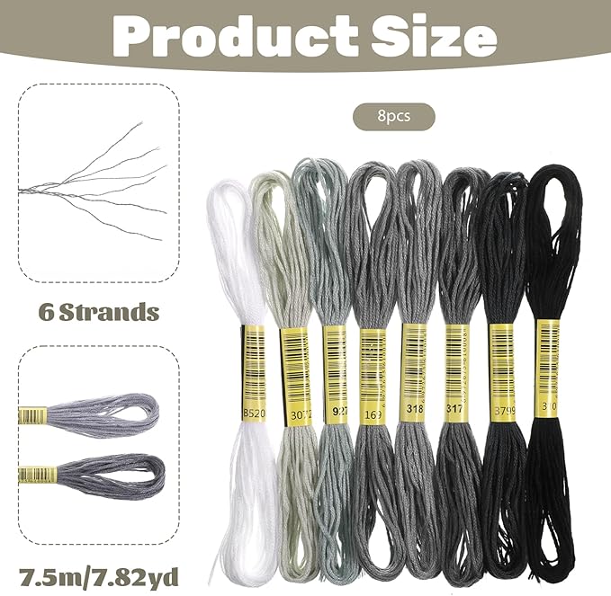 cobee 8 Skeins Embroidery Thread, 7.8 Yards Gradient Cross Stitch Yarn Threads, Gray Thread for Jewelry Making Sewing Bracelets Knitting Stitching Craft DIY