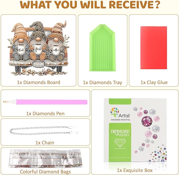 MEIYUDA Coffee Gnomes Diamond Art Hanging Kits for Adult, Truck Gnome Diamond Painting Hanging Kits Ornaments, DIY Special Shaped Rhinestone Window Pendants kit for Home Garden Wall Decor Gift