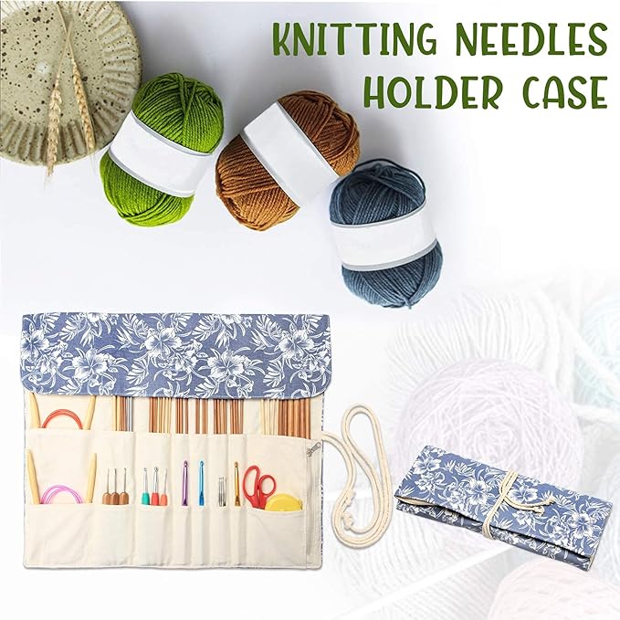 Teamoy Knitting Needles Holder Case(up to 14 Inches), Rolling Organizer for Straight and Circular Knitting Needles, Crochet Hooks and Accessories, Blue Flowers - NO Accessories Included