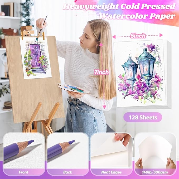 128 Sheets Watercolor Paper Bulk, Easter Basket Stuffers, 5"x7" 140lb/300gsm Cold Press White Water Color Paper for Teacher Students, Classroom Must Have, Study Essentials, College School Supplies