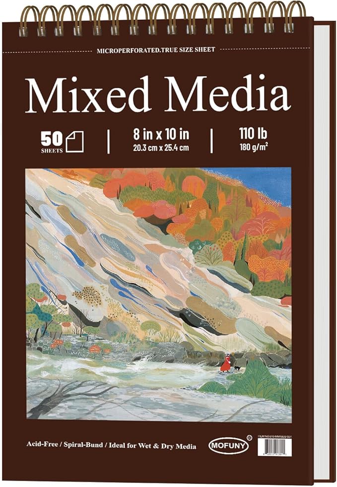 mofuny mixed media sketchbook 8x10, 50 sheets - 110lb/180gsm mixed media paper | art paper for acrylic painting, watercolor sketchbook, ink, markers, pencil, artist supplies for adults.
