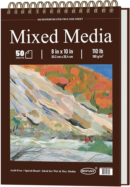 mofuny mixed media sketchbook 8x10, 50 sheets - 110lb/180gsm mixed media paper | art paper for acrylic painting, watercolor sketchbook, ink, markers, pencil, artist supplies for adults.