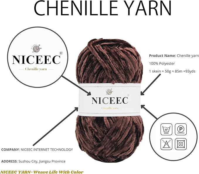 NICEEC 3 Skeins Soft Chenille Yarn Blanket Yarn for Knitting Fancy Yarn for Crochet Weaving DIY Craft Total Length 3×85m (3×93yds, 3×50g)_Brown Series