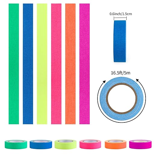 6 Colors Neon Tape for Fluorescent UV Blacklight Glow in The Dark Tape for Party Decoration, 0.6 inch x 16.5 ft
