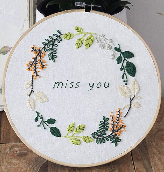 Embroidery Kit, Squirrel Miss You Quote Leaves Wreath Awesocrafts Full Range of Embroidery Starter Kits for Beginners Adults DIY Handmade Easy Patterns (Miss)