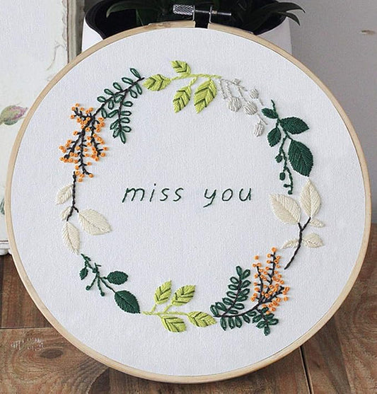 Embroidery Kit, Squirrel Miss You Quote Leaves Wreath Awesocrafts Full Range of Embroidery Starter Kits for Beginners Adults DIY Handmade Easy Patterns (Miss)