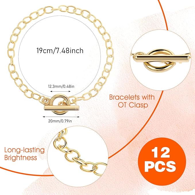Prasacco 12 Pcs Bracelet Chains for Jewelry Making, Chain Bracelet for Women, Link Chain Bracelets with OT Toggle Clasp, Charm Bracelets for Jewelry Making (Gold)