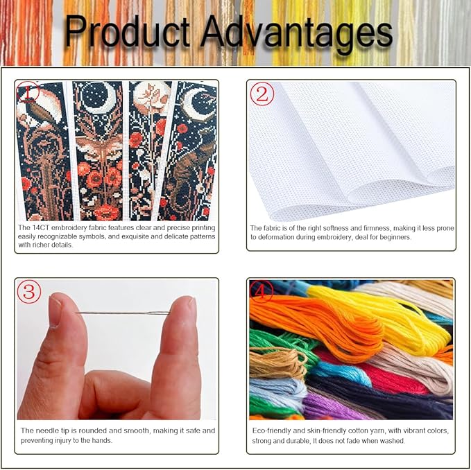 NEGEKFKX 4 Pcs Flower Cross Stitch Bookmark Kit for Adult Beginners,Bohemia Moth Cross Stitch Kits 14 CT DIY Cross Stitch Kits Adult Stamped Bookmark Embroidery Bookmarks Kit