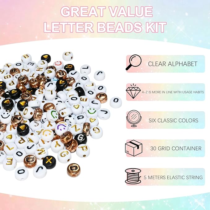 Amaney 1500 Pieces 6 Colors 4x7mm Round Acrylic Alphabet Letter Beads A-Z Mixed and Crystal Line for Jewelry Making
