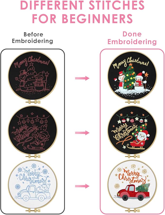 TINDTOP Christmas Embroidery Kit for Adult Beginners, 3 Sets Embroidery Stitch Practice kit Include Embroidery Cloth Hoops Threads for Craft Lover Hand Stitch