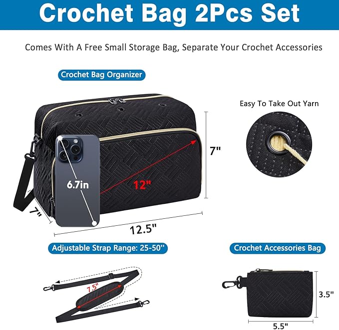 IBFUN Crochet Yarn Knitting Bag 2 Pcs Yarn Storage Organizer Crocheting Bags for Beginners with Shoulder Strap for Knit Accessories Needles Hooks