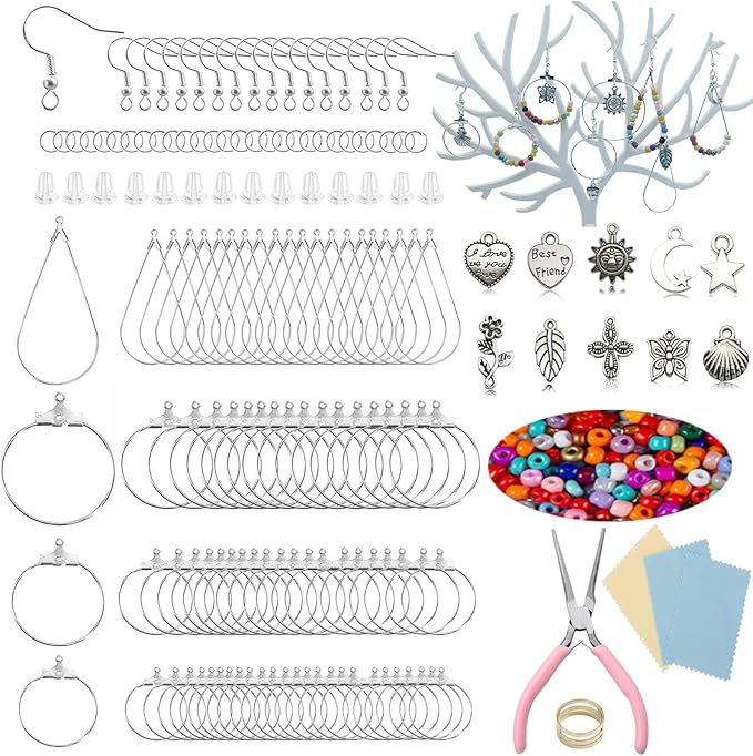 XKCWXY 755Pcs Beading Hoop Earrings for Jewelry Making,with Earring Finding Teardrop Round Beading Hoop,Earring Hooks and Backs,Jump Rings, Silver Earring Charms,Pony Beads for DIY Jewelry Craft