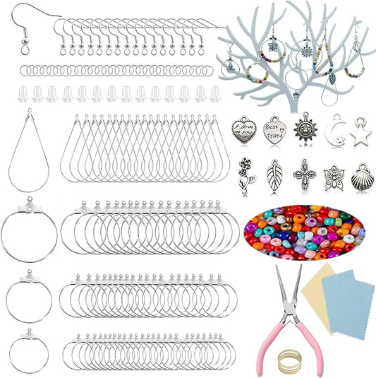 XKCWXY 755Pcs Beading Hoop Earrings for Jewelry Making,with Earring Finding Teardrop Round Beading Hoop,Earring Hooks and Backs,Jump Rings, Silver Earring Charms,Pony Beads for DIY Jewelry Craft
