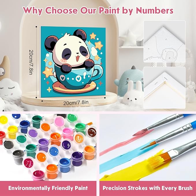 4 Pack Paint by Numbers for Kids with Wooden Framed, Cute Cartoon Unicorn, Panda, Frog, Paint by Number Kits on Canvas for Beginner, Acrylic Oil Painting Kits for Home Decor 8x8 inch, Kawaii Animals