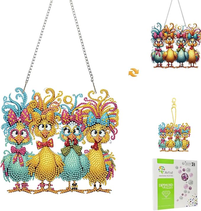 Masendp Chick Diamond Painting Hanging Decoration Kit, DIY Special-Shaped Rhinestone Window Hanging Kit, Suitable for Home Garden Wall Decoration Gifts