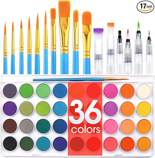 AROIC 36 Colors Watercolor Paint Set, Watercolor Pan Set with 10 Nylon Brushes and 6 Refillable Water Brushes. Perfect for Adults and Beginner Artists