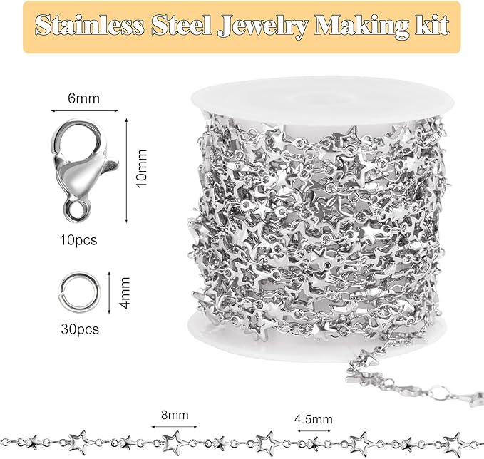 GTVOODX Star Chains for Jewelry Making, Silver 13 Feet Stainless Steel Chain Spool Bulk for Necklace Bracelet Craft DIY Permanent Jewelry Supplies