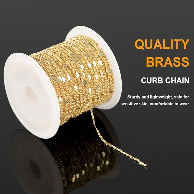 KYUNHOO 32.8 Feet/10M 18K Gold Plated Brass Jewelry Chain Roll Flat Heart Chains Bulk for Women DIY Craft Finding Jewelry Making Supplies