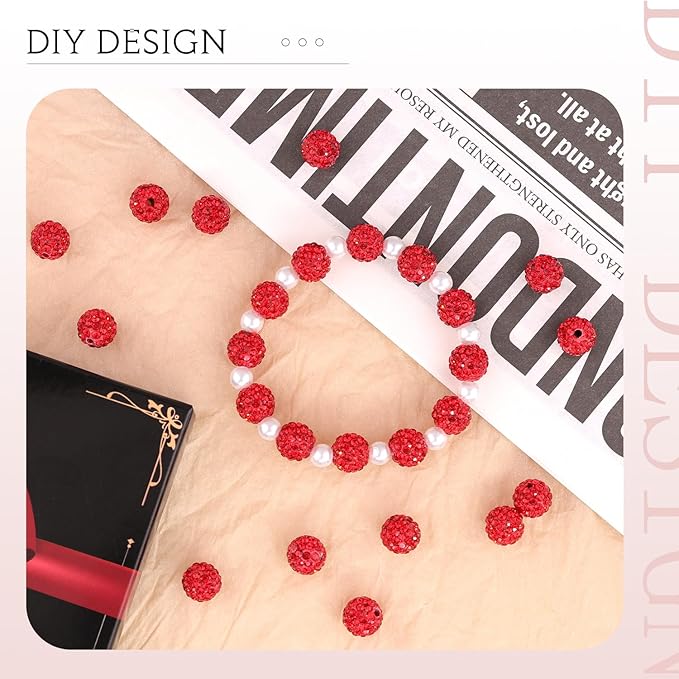 200 pcs red rhinestone beads for jewelry making, sparkle crystal clay christmas for bracelet baseball necklace earring crafting and diy, shiny round shamballa disco ball beads bulk