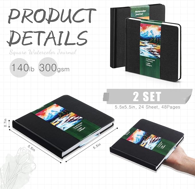 Dispowreath 5.5 x 5.5 in Watercolor Sketchbook Journal Square Watercolor Notebook Cold Press 140lb 300gsm Cotton Paper 48 Pages Journals Notebook Paper Pads(Black)