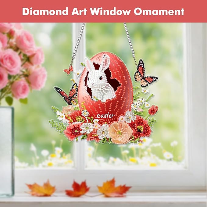 Miwixy Easter Hanging Diamond Art Kits for Adults,Rabbit Special Shaped Crystal Christmas Diamond Painting Ornament Kit DIY Double-Sided Pattern Window Pendant Gem Art Kit for Home Wall Decor