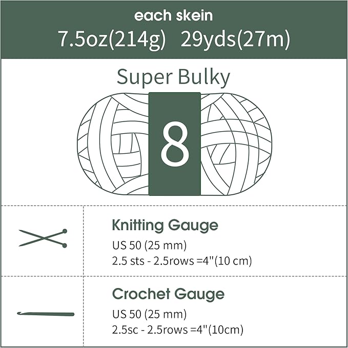 HOMBYS Chunky Tie Dye Mix Chenille Yarn for Hand Knitting, Super Bulky Jumbo Yarn for Crocheting, 3/4" Thick Soft Plush Yarn for Blankets, 8 Skein Pack (26 yds / 7.5 oz Each) Grey,Green,White