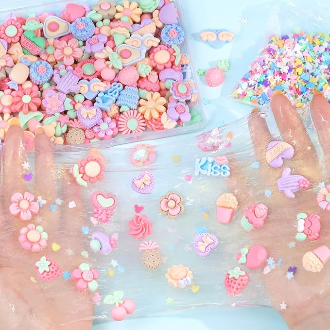 100PCS Macaroon Flower Slime Charms Cute Flatback Resin Charms for Slime, Kawaii Random Decoden Charm for Embellishments Phone Junk Case Charms Bulk,Hairpins Scrapbooking Crafting DIY Decor